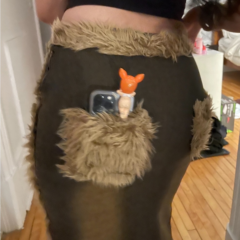 Super cute Brown Denim Maxi Skirt with Fur Trim